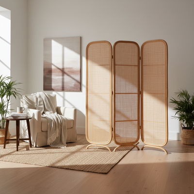 DOĞAL RATTAN VE HAZERAN GRAND DÖRTLÜ PARAVAN (190x183 cm)