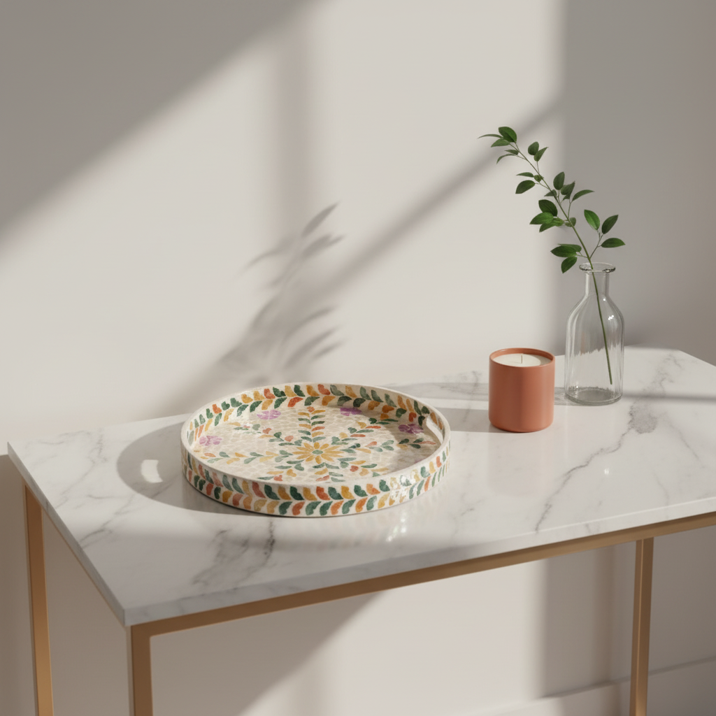 DOĞAL RATTAN VE SEDEFLİ MOZAİK TEPSİ