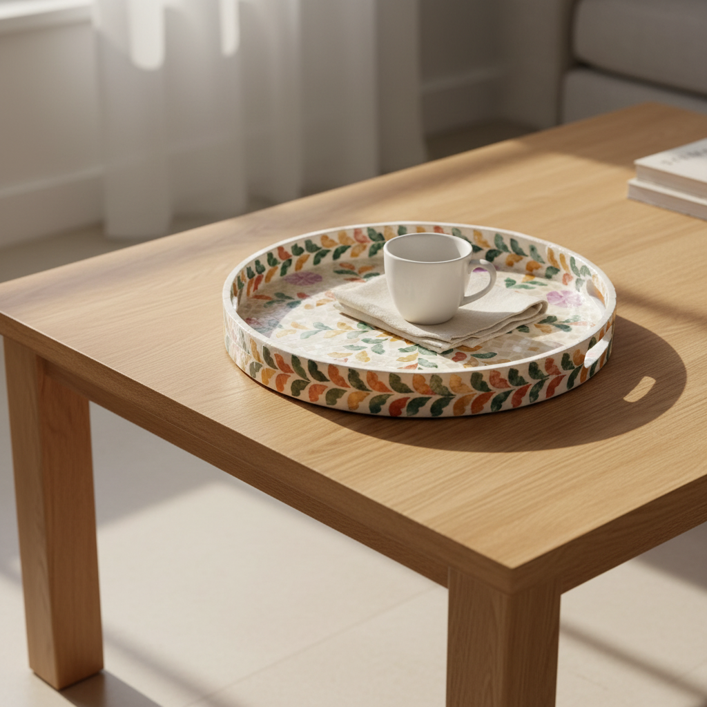 DOĞAL RATTAN VE SEDEFLİ MOZAİK TEPSİ