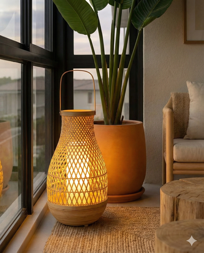 Doğal Bambu Masa Lambası 23x37 cm - El Örmesi Dekoratif Aydınlatma (E14 Duy)